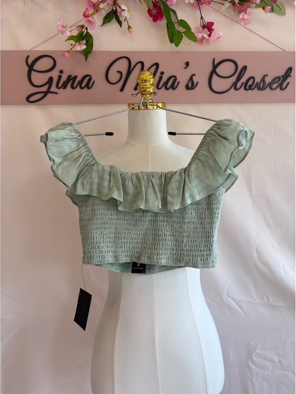 Lulus XS Sage Green Ruffle Off-Shoulder Crop Top